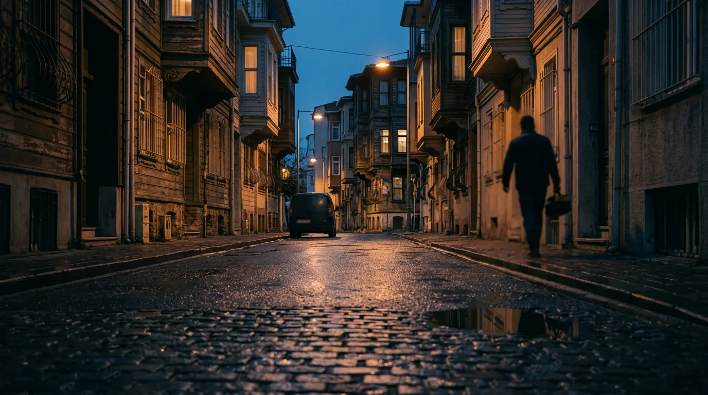 Mavi saatte ışıl ışıl pencereleriyle sakin bir İstanbul mahalle sokağı ve uzaktaki servis aracı.